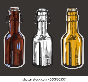 Vector set of beer bottle,ink hand drawn style vintage engraving,isolated on grunge background. Fresh craft beer. Vintage poster for cold ale.Doodle Style