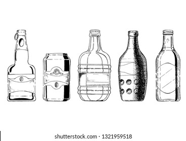 Vector set of beer bottles and beverage can in ink hand drawn style. isolated on white.