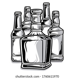 Vector set of beer bottles, black and white, isolated on white