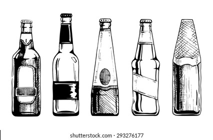 Vector set of beer bottles in ink hand drawn style. isolated on white.