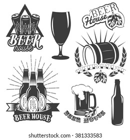 Vector set of beer brewing labels in vintage style. Pub and craft beer logo. Design elements, retro emblems and icons isolated on white background. Monochrome color.
