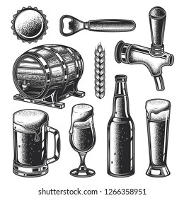 Vector set of beer elements. Beer barrel, lid, mug, glass, bottle opener, bottle, faucet. Monochrome illustrations in vintage style.