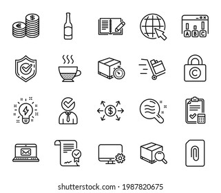 Conjunto de vectores de la línea de iconos de la lista de comprobación Beer, Feedback y Accounting. Iconos de Internet, Inspiración y Carro Empujado. Apego, estado de la piel y señales de cambio de dólares. Símbolo web de cerveza. Vector