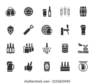 Vector set of beer flat icons. Contains icons pint, hops, malt, brewery, beer mug, keg, draft beer and more. Pixel perfect.