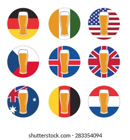 vector set beer glass with beer on background round national flags of world