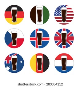 vector set beer glass with beer on background round national flags of world