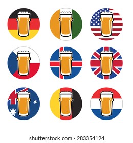 vector set beer glass with beer on background round national flags of world