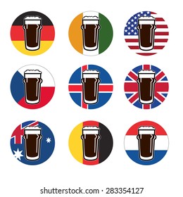 vector set beer glass with beer on background round national flags of world