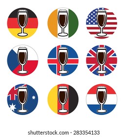 vector set beer glass with beer on background round national flags of world