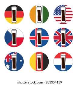 vector set beer glass with beer on background round national flags of world