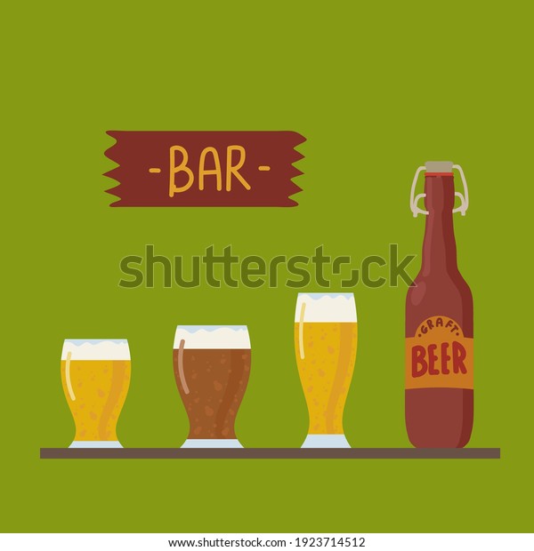 Vector set of beer glasses\
and bottle. A collection of Illustrations for the pub bar menu.\
Oktoberfest poster with different alcoholic beverages. Vector\
illustration