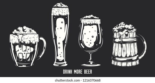 Vector set of beer glasses and mugs on dark background.