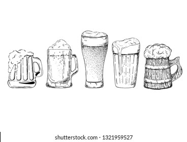 Vector set of beer glasses and mugs in ink hand drawn style. isolated on white.