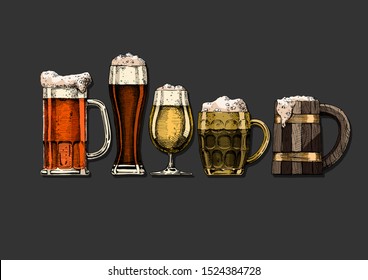 Vector set of beer glasses and mugs in ink hand drawn style. Color illustration isolated on black.