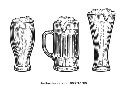 Vector set of beer glasses and mugs. Sketch vintage vector isolated on white