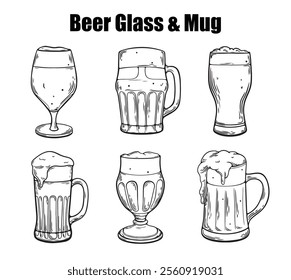 Vector set of beer glasses and mugs in ink hand drawn style, isolated on white. For craft beer branding, brewery logos, pub menus, and packaging. 