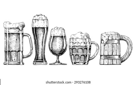 Vector set of beer glasses and mugs in ink hand drawn style. isolated on white.