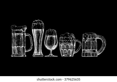 Vector set of beer glasses and mugs on black background.