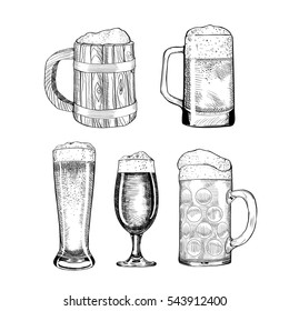 Vector set of beer glasses and mugs in ink hand drawn style. isolated on white.