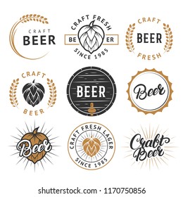 Vector set of beer labels, emblems, badges in retro style. Vintage black and gold color craft beer symbols, icons, typography design elements on white background.