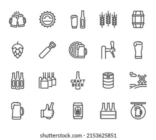 Vector set of beer line icons. Contains icons pint, hops, malt, brewery, beer mug, keg, draft beer and more. Pixel perfect.