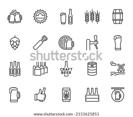 Vector set of beer line icons. Contains icons pint, hops, malt, brewery, beer mug, keg, draft beer and more. Pixel perfect.