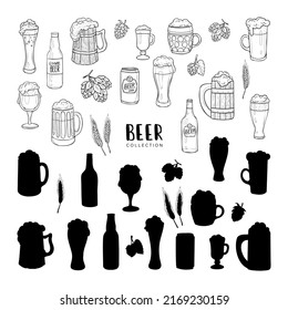 Vector set of beer, mugs and bottle. Black outline and shadows silhuettes isolated on white background. Craft beer set different shapes. Mailt and hop. Mug of beer with foam. Beer in a can.