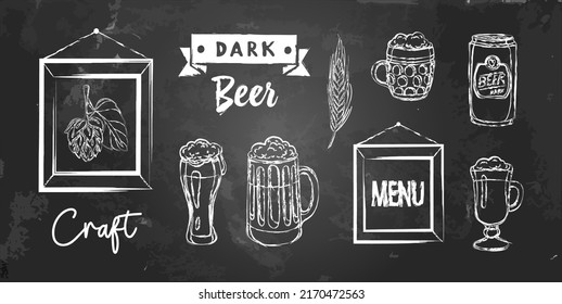 Vector set of beer with mugs, bottle, mail. Beer in a can. Illustration with frame, ribbon, hand written words. Craft beer on chalkboard. Objects by chalk isolated on blackboard. Drawings for pub menu