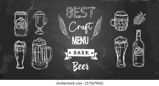 Vector set of beer with mugs, bottle, mail. Beer in a can. Illustration with frame, ribbon, hand written words. Craft beer on chalkboard. Objects by chalk isolated on blackboard. Drawings for pub menu