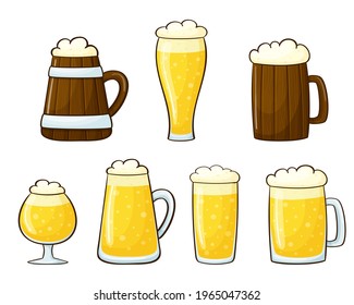 Vector set of beer mugs in cartoon style. Linear illustration isolated on white background. Alcoholic drinks in wooden and glass glasses

