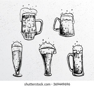 Vector set of beer mugs and glasses in hand drawn style 