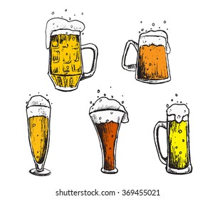 Vector set of beer mugs and glasses in hand drawn style 