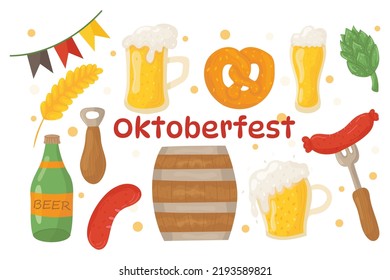 Vector set of beer and beer snacks. Collection for Oktoberfest. Beer set. Glasses of beer, sausage, hops, wheat, pretzels.