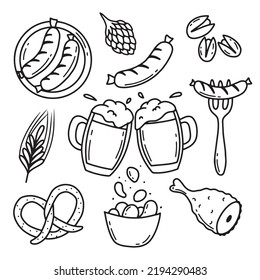 Vector set of beer and beer snacks. Collection for Oktoberfest. Beer set. pistachios, sausage, hops, wheat, chips, pretzel. Doodle style.