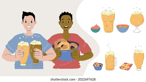 Vector set of beer. Trendy concept. Two guys are holding beer in their hands.