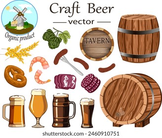 Vector set with beer.Color vector illustration with beer barrels, glasses, mugs and sausages.