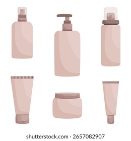 Vector set of beige cosmetic jars, tubes and sprays for shampoo and cream on a white background.