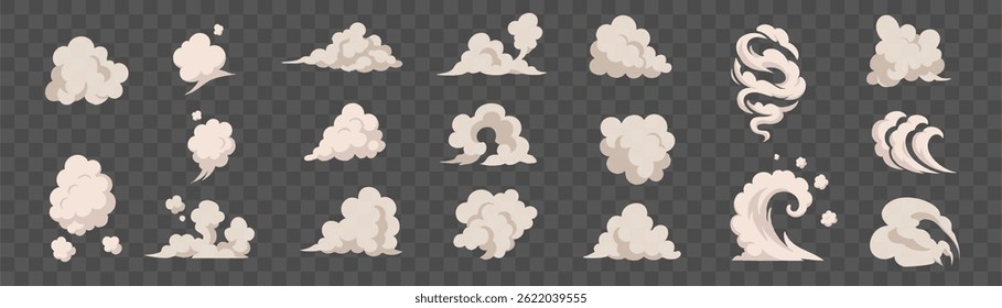 Conjunto vetorial de nuvens de poeira bege e formas de fumaça com contornos macios. Conjunto de formas curvas e sopros de fumaça para efeitos visuais e gráficos de interface.