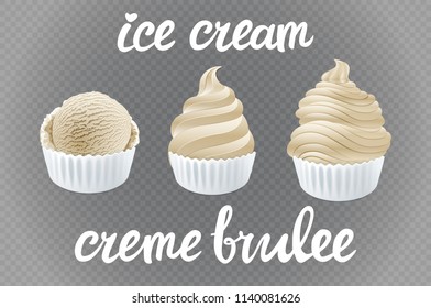 vector Set of beige ice cream with vanila of different shapes in a cup on transparent background lettering hand made text art