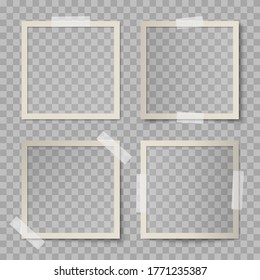 Vector set of beige square photo card frames with various lighting effect and shadows on transparent background. Collection of glued with adhesive tape vintage mockup of photo card