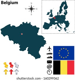 Vector set of Belgium country shape with flags, icons isolated and European Union