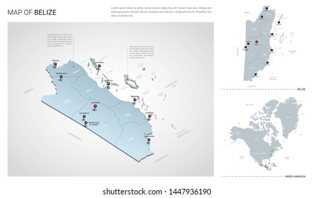 Vector set of Belize country.  Isometric 3d map, Belize map, North America map - with region, state names and city names. 