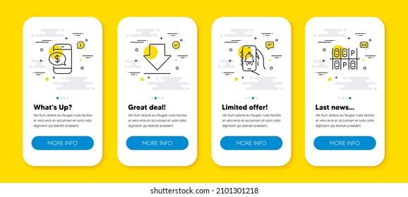 Vector set of Bell alert, Downloading and Phone payment line icons set. UI phone app screens with line icons. Parking place icon. Alarm clock, Load information, Mobile pay. Transport. Vector