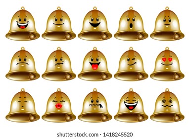Vector set of bell emoticons. Collection of characters of metal gold bells with different emotions in cartoon style on white background. Concept of Christmas symbol, school bell, reminder.