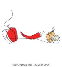 Vector set. Bell pepper, red hot chili, onion. Line continuous hand drawn illustration. Vegetable outline icon. Garden plant linear silhouette. Graphic design, print, banner, card, sign, doodle.