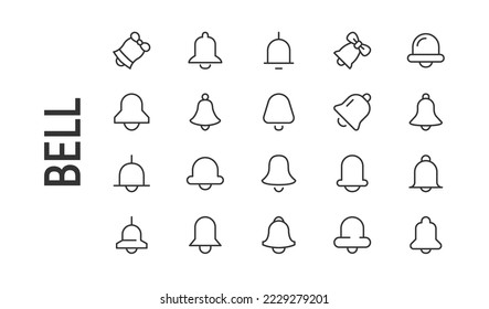 Vector set of bell thin line icons. Design of 20 stroke pictograms. Signs of bell isolated on a white background.