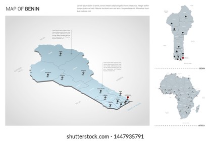 Vector set of Benin country.  Isometric 3d map, Benin map, Africa map - with region, state names and city names. 