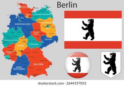 Vector set of Berlin, Germany, featuring the updated official flag, coat of arms, and city map. Ideal for design, education, and editorial use with modern styling.