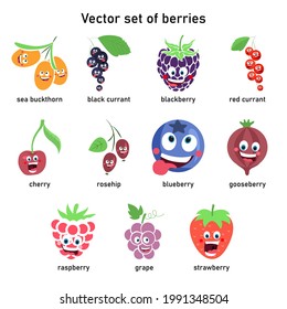 Conjunto de vectores de bayas. Dibujo de caricatura de espina dorsal marina, grosella negra, mora negra, grosella roja, cereza, cadera, arándano, arándano, arándanos, frambuesa, uva, fresa.