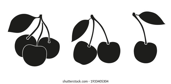 Vector Set of berries, a cherry, couple of cheries, a bunch - black icons on white background  images. Illustration isolated, easy to edit and ready to use icons. A collection in various drawings